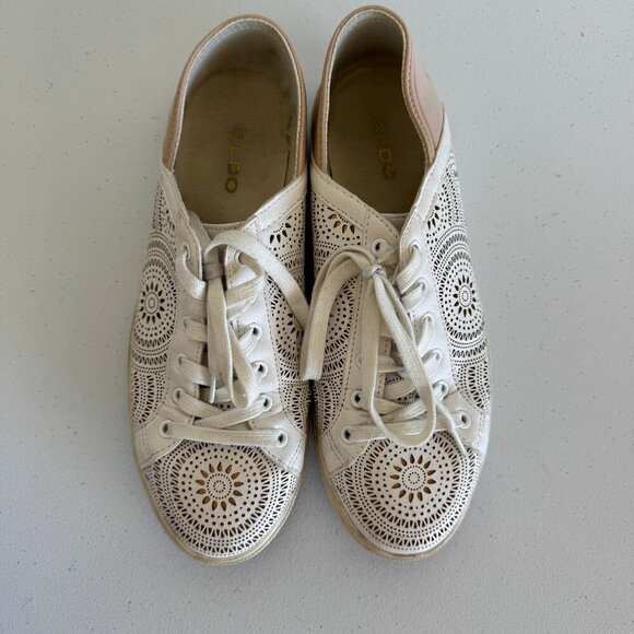 ALDO White Laser-Cut Lace-Up Sneakers | Mandala Pattern | Size 39 (US 8.5) - Picture 1 of 7